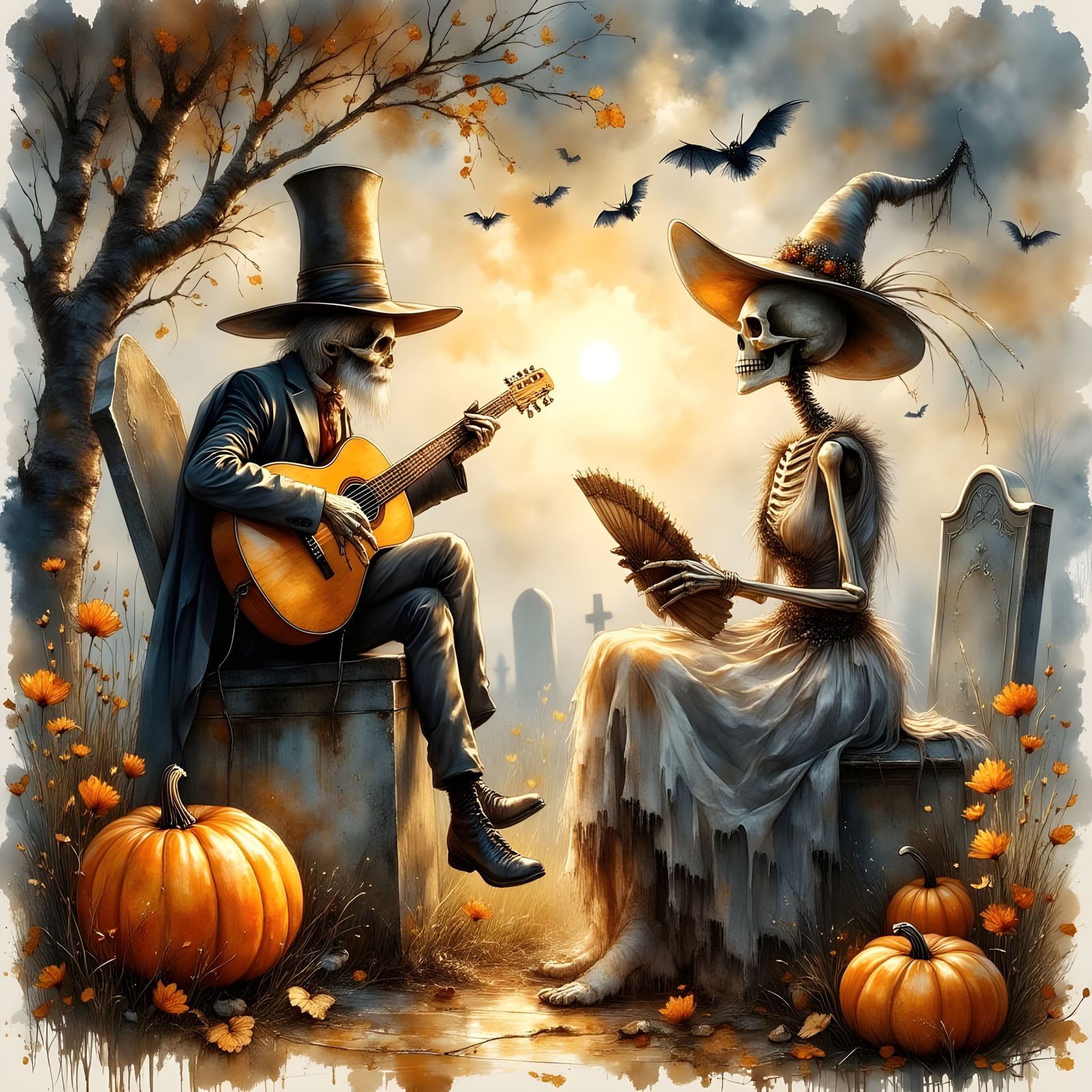 Whimsical Autumn Graveyard Scene with Skeletons Playing Musi...