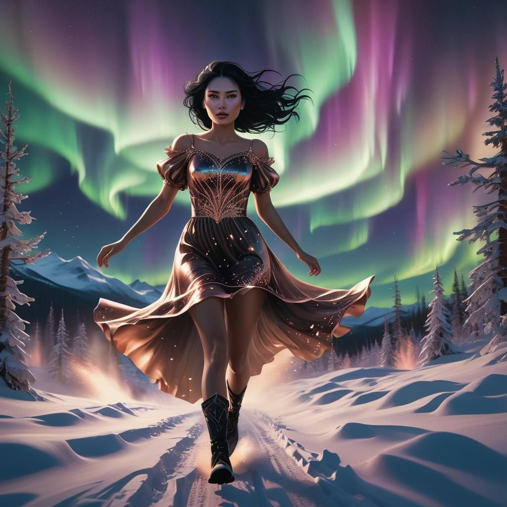 Girl in Rose Gold Dress Under Northern Lights