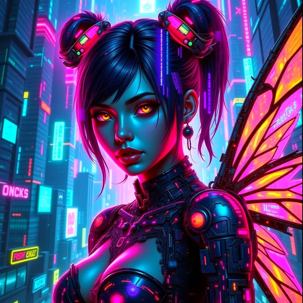 Cyberpunk Pixie in Neon Metropolis