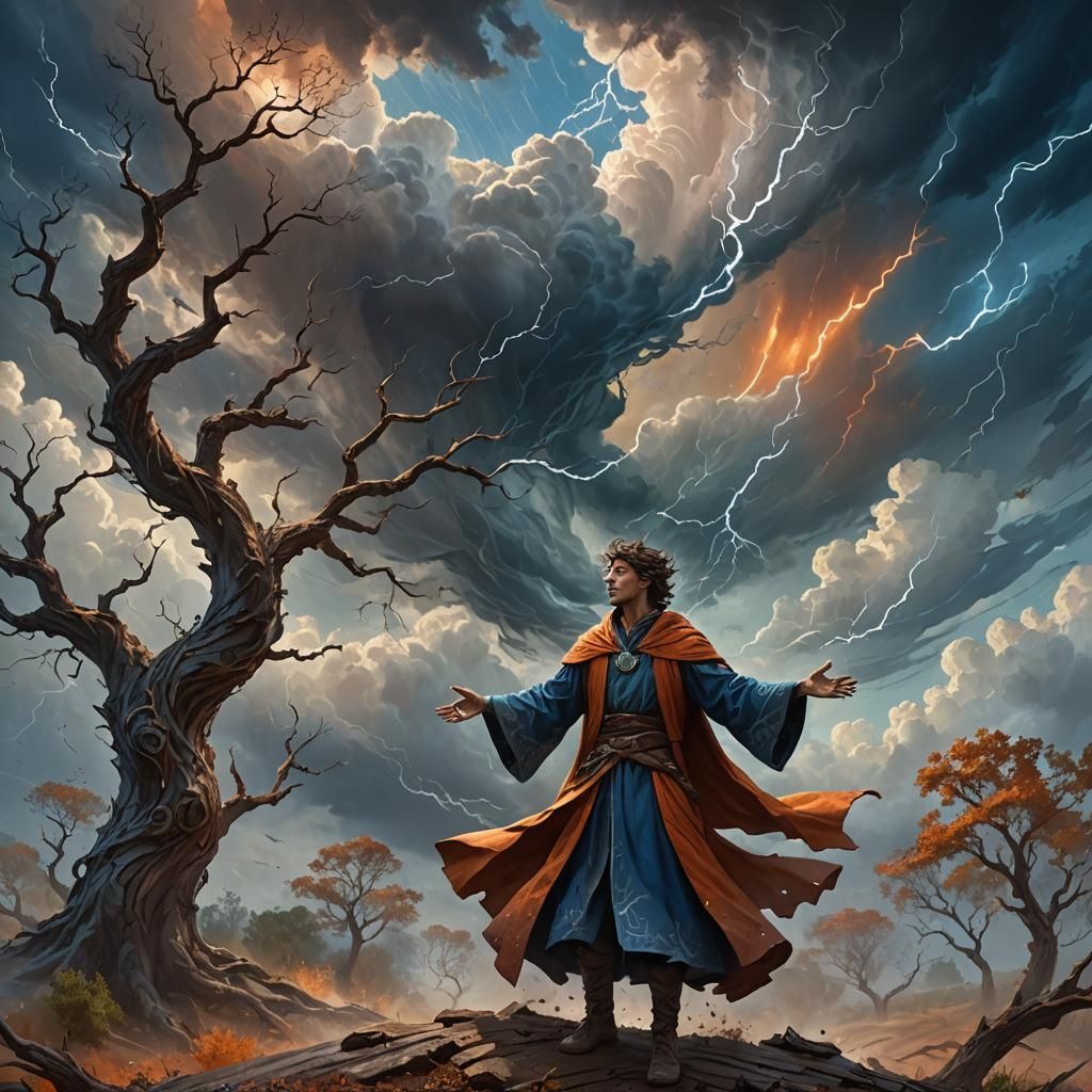 Young Mage Conjuring a Storm, Fantasy Concept Art