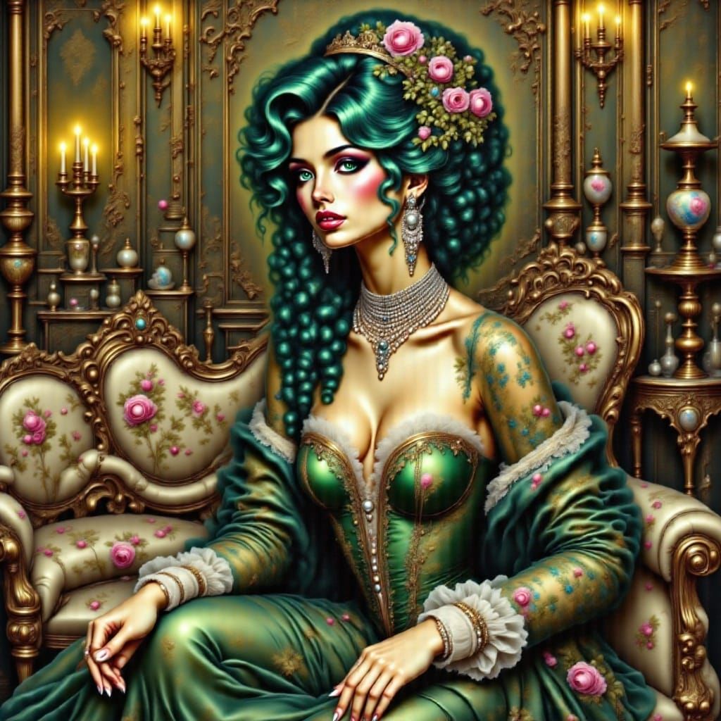 Baroque Woman in Opulent Green Lace Dress