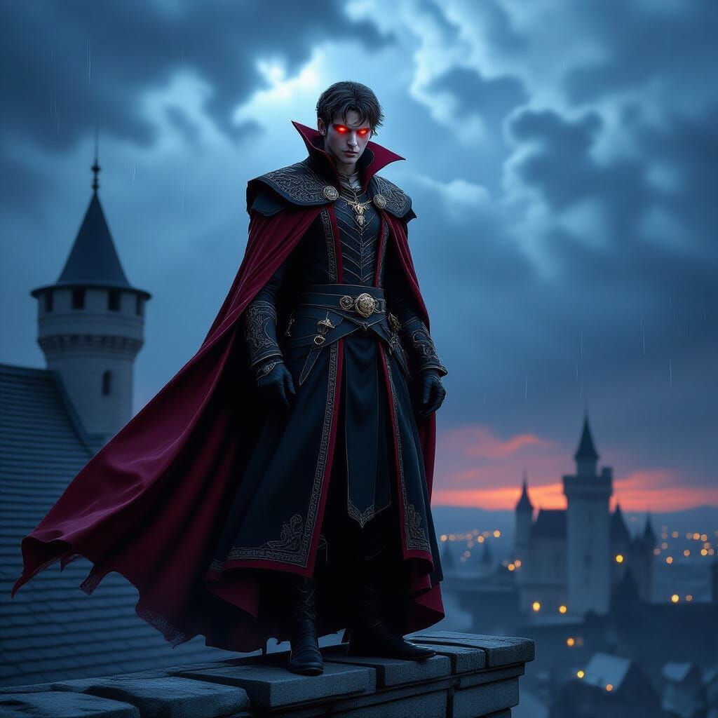 Vampire Prince on Castle Rooftop in Stormy Night