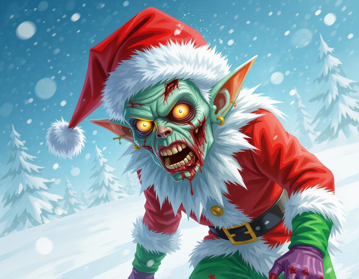 Zombie Elf Limping Through Snowy Landscape
