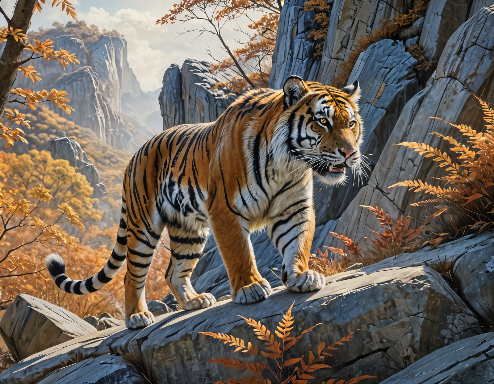 Tiger in Cinematic Fall Landscape, in the Style of Robert Ba...