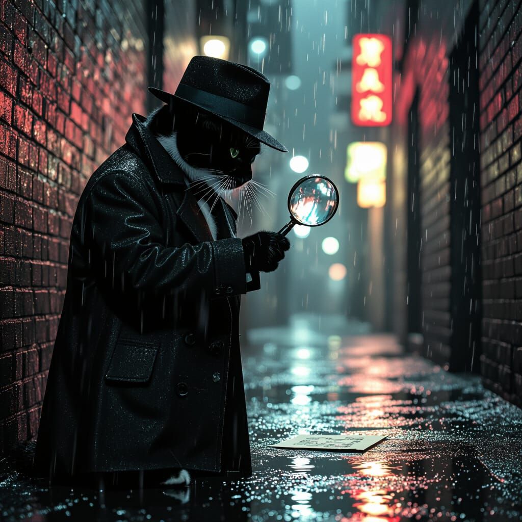 Tuxedo Cat Detective in Rainy Film Noir Scene