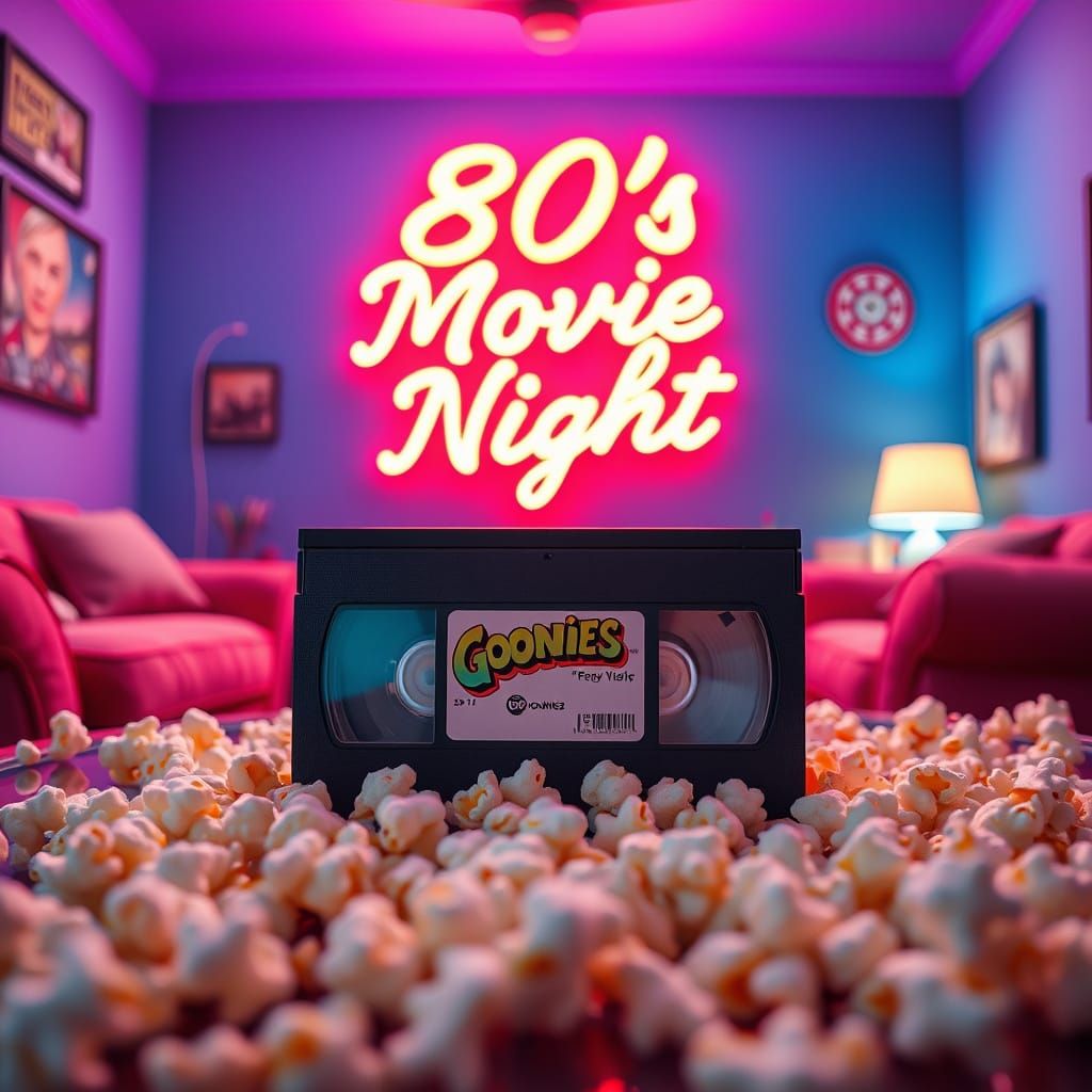 Vibrant 80's Movie Night Scene with Goonies VHS
