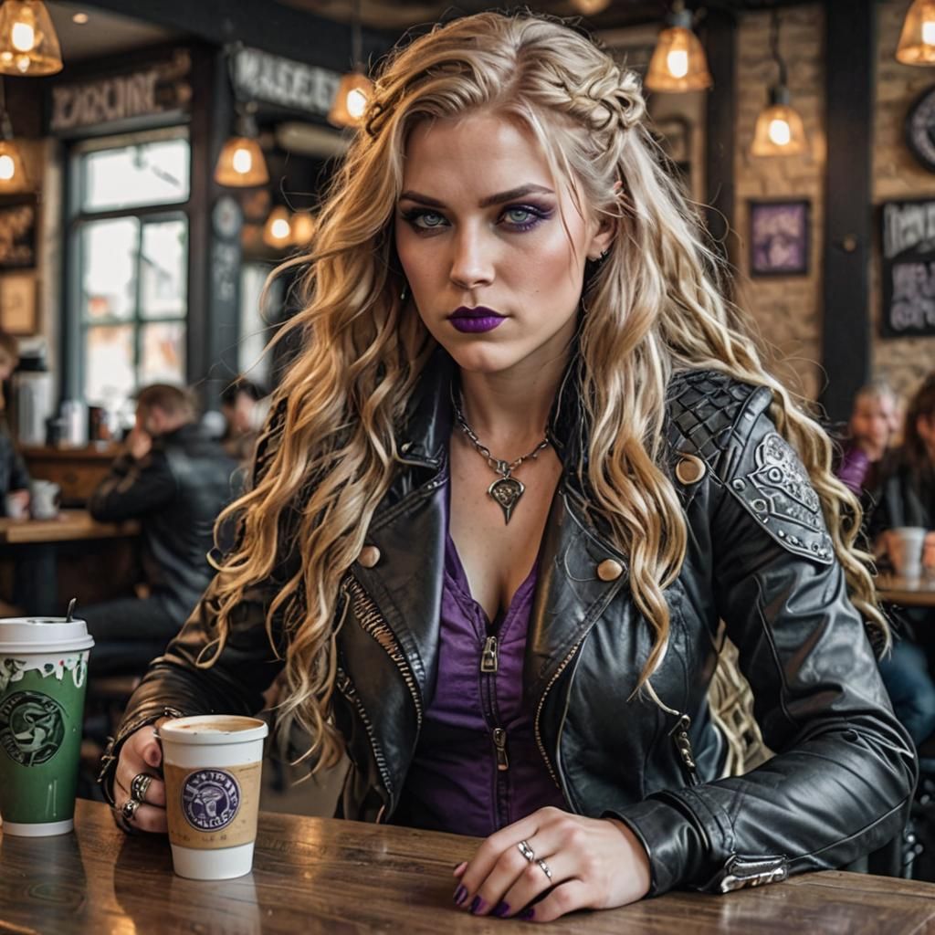 Valkyrie Having Coffee in Heavy Metal Style