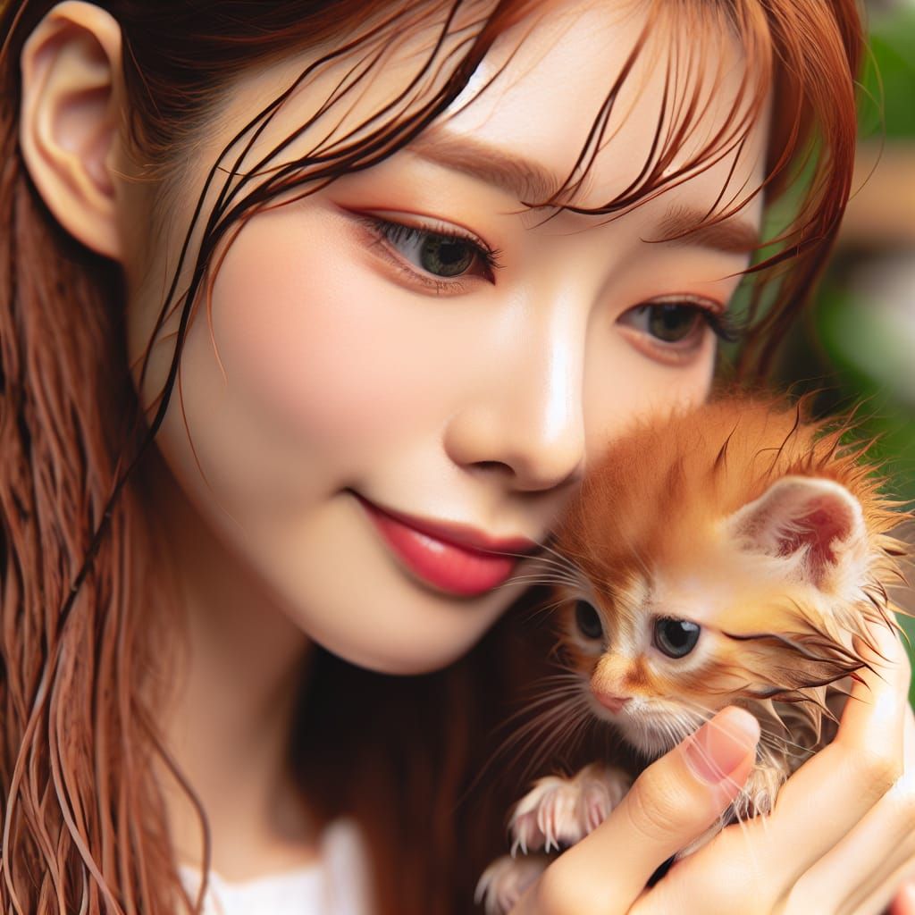 Woman Comforts Kitten in Close-up Portrait