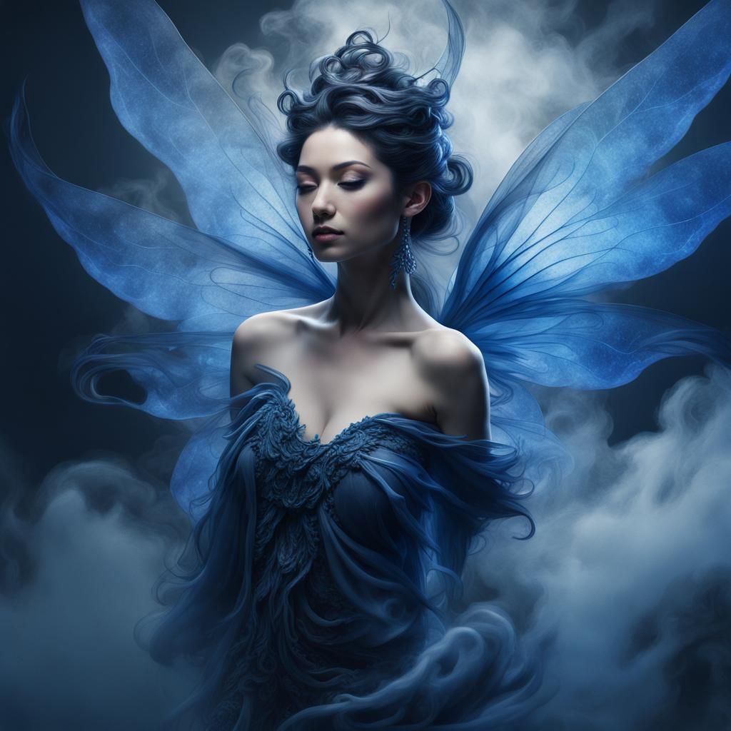 Oriental Blue Fairy with Galaxy Wings in Darkness