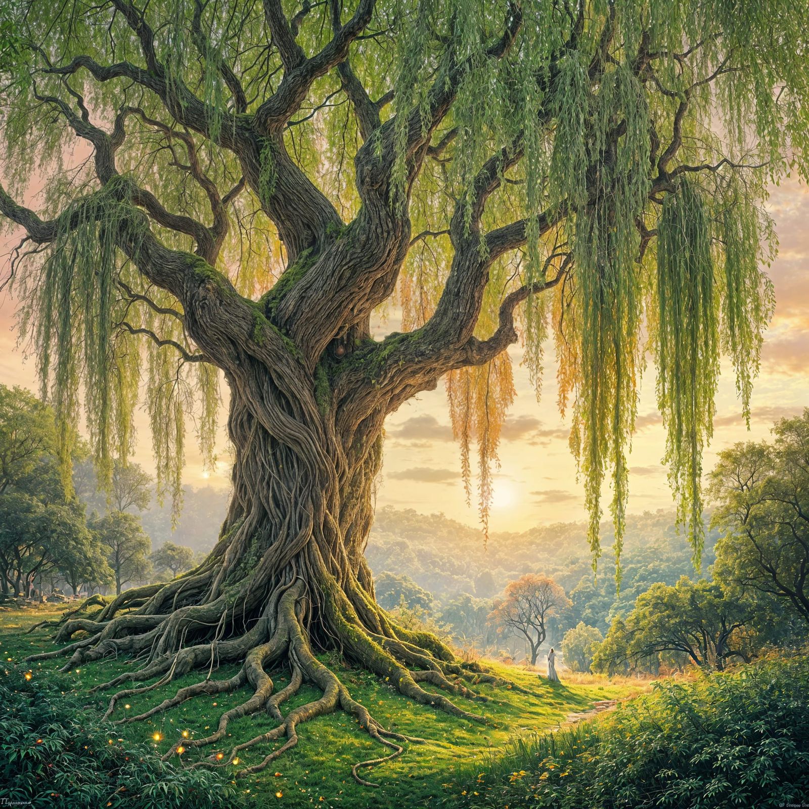 Enchanted Willow Tree Glade with Stardust Spirits at Sunset