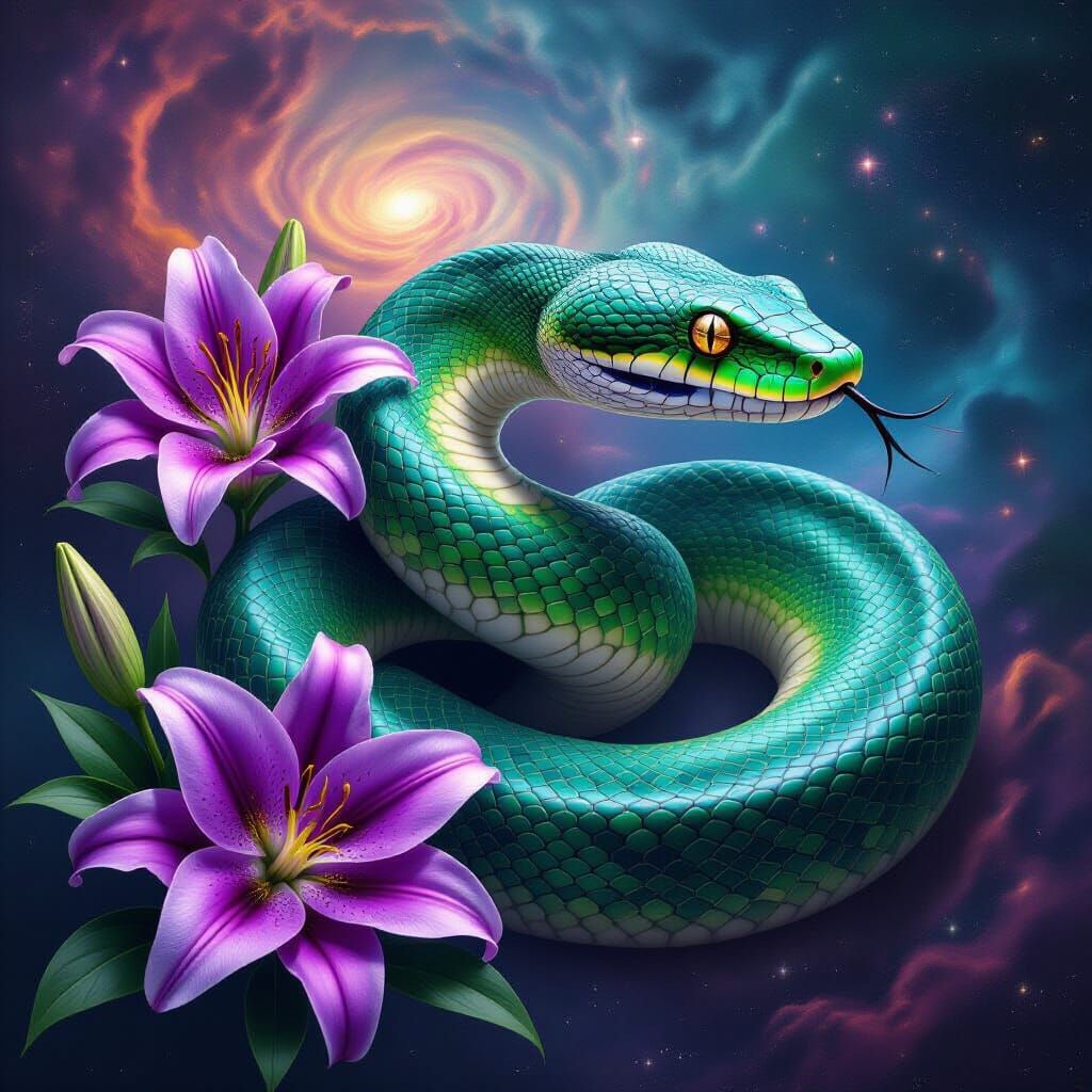 Giant Hyperrealistic Snake Among Cosmic Lilies