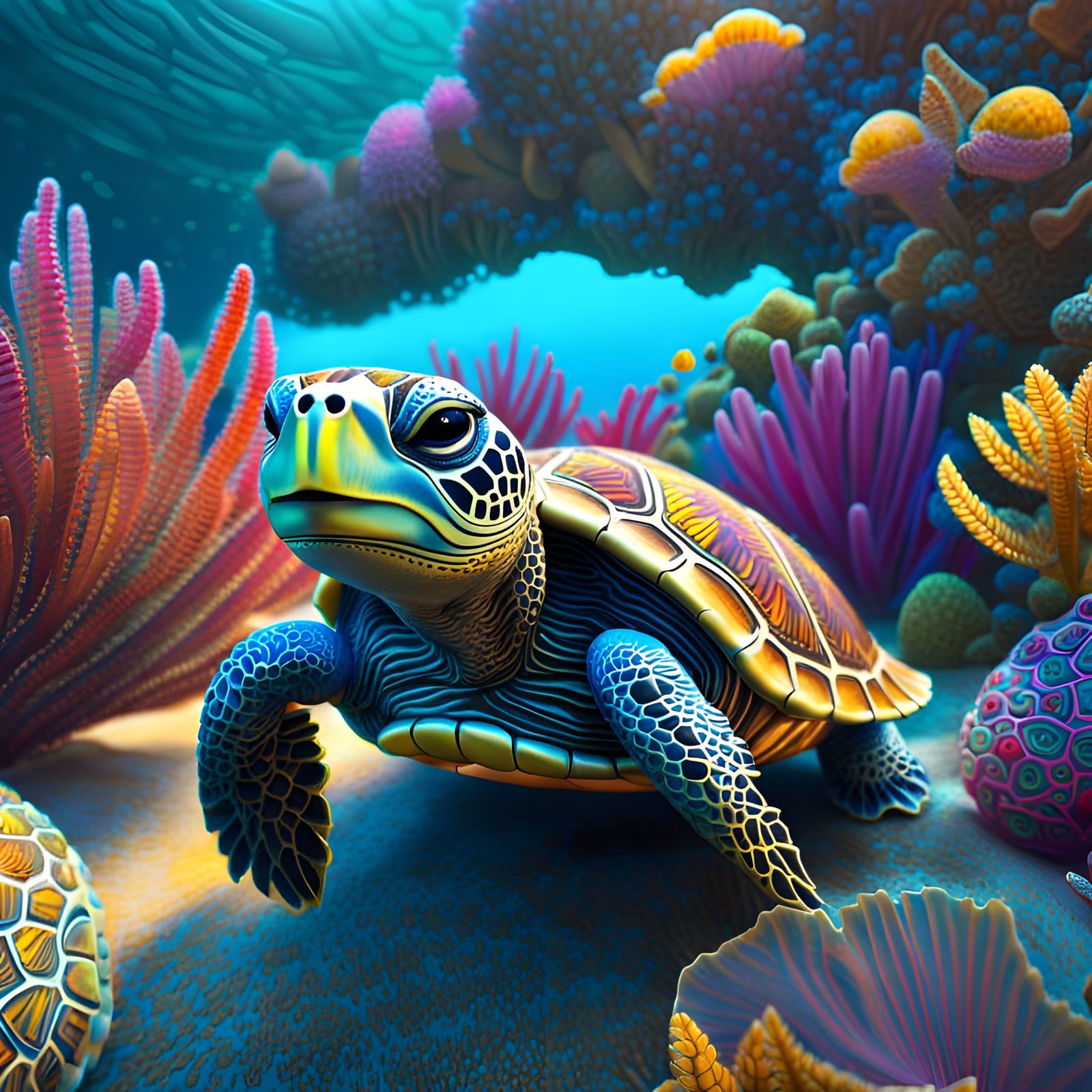 Happy Turtle in Psychedelic Ocean Art