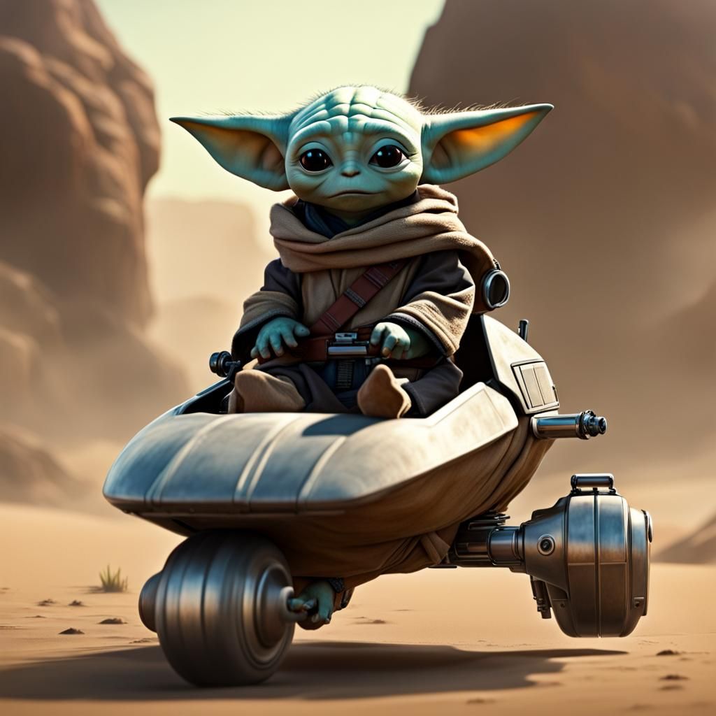 Baby Yoda on Speeder Bike in Mandalorian Style
