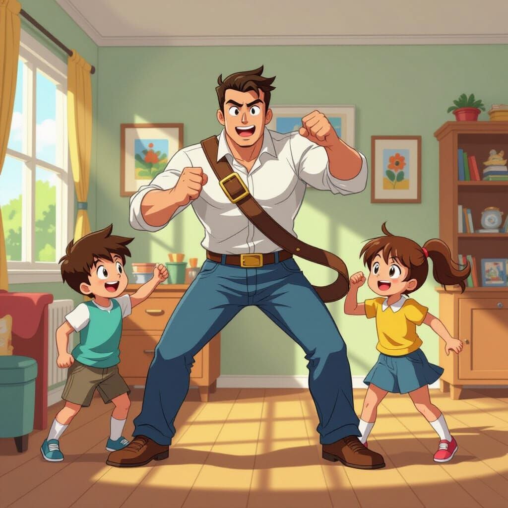Anime Style Dad Threatens Kids with Belt