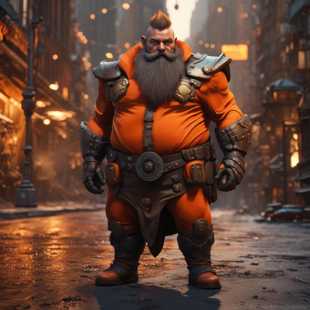 Dwarf Superhero with Mohawk in Cityscape