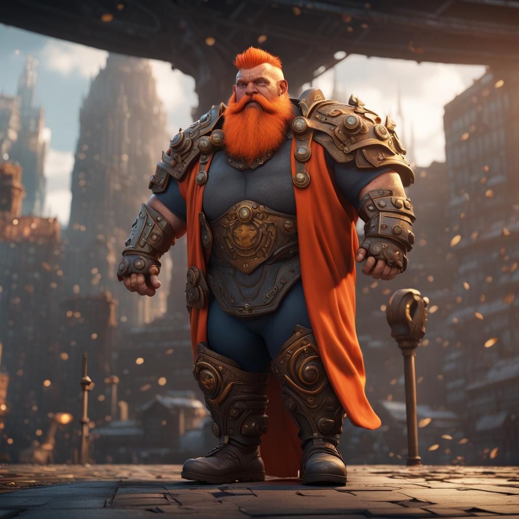 Obese Dwarf Superhero with Mohawk in Cityscape