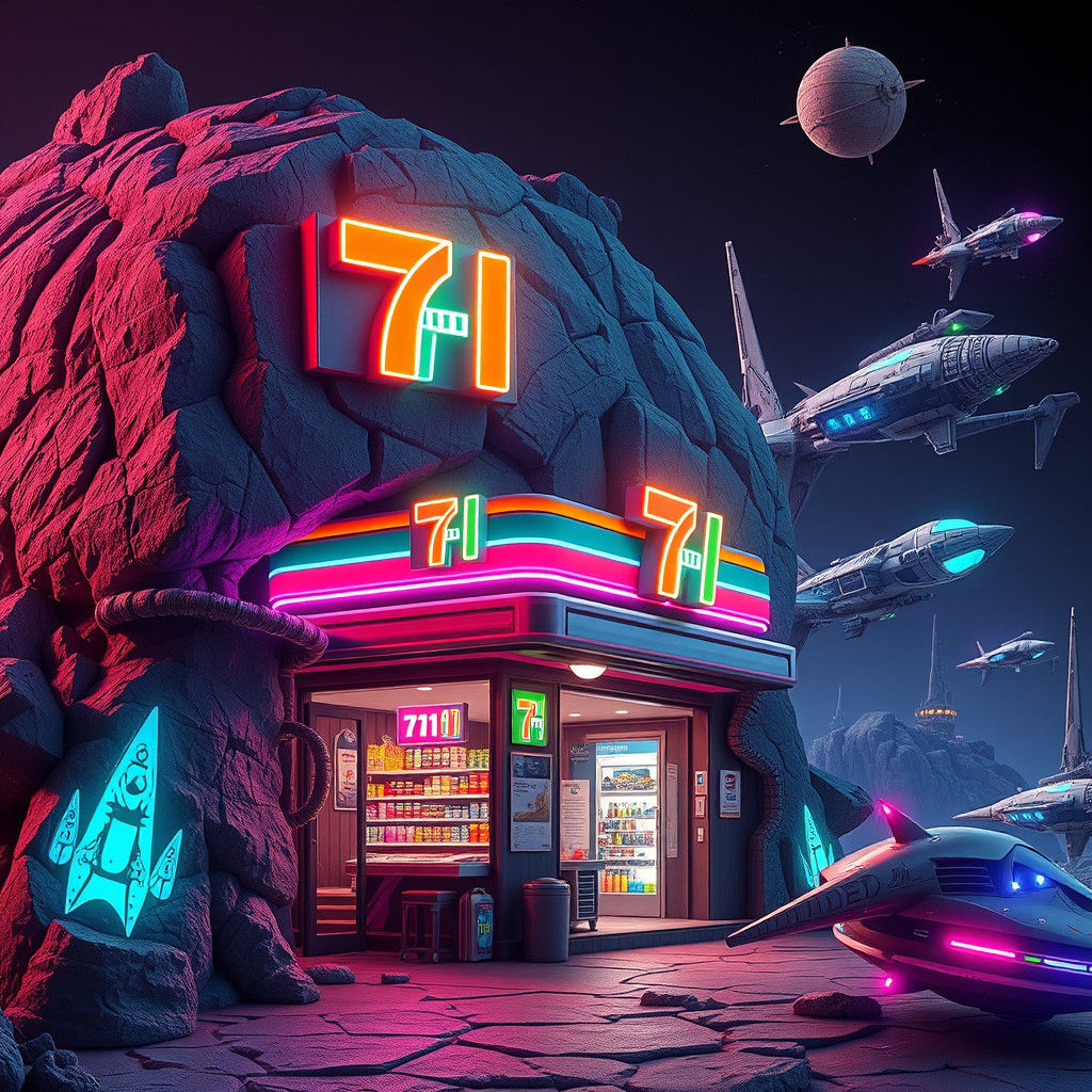 Extraterrestrial 7-Eleven on Asteroid in High-Fantasy Style