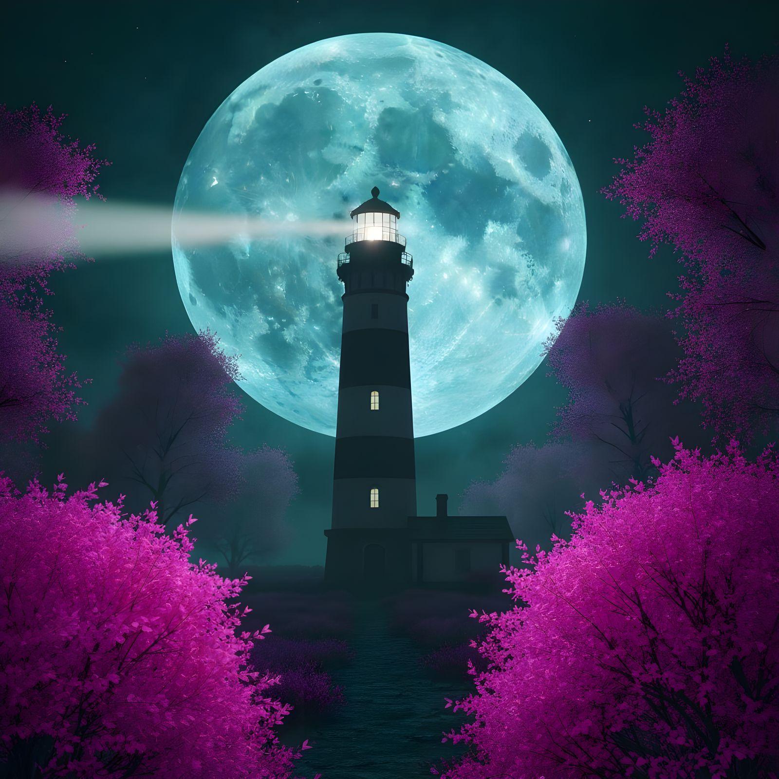 Ominous Moon Over Fluorescent Gothic Lighthouse