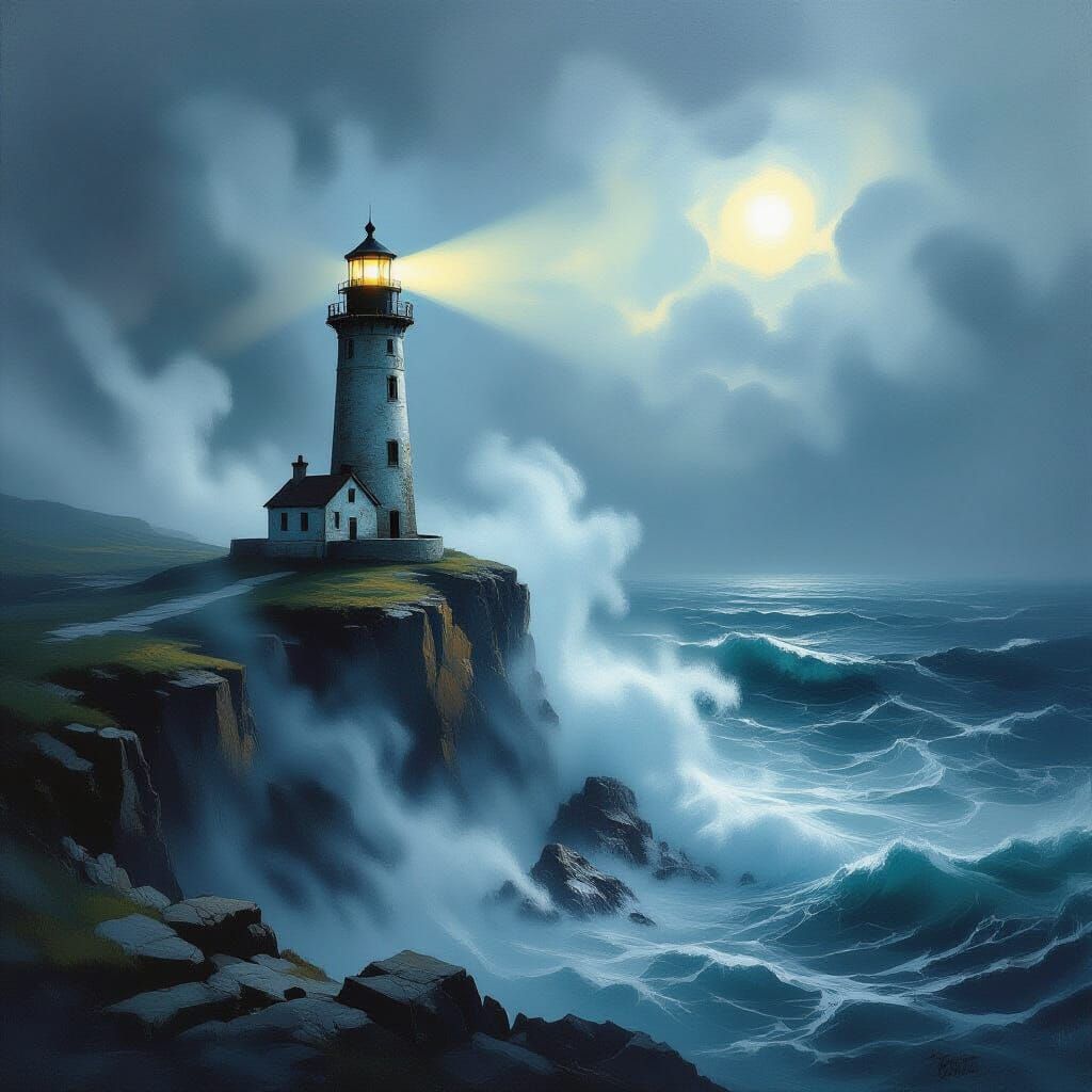 Dramatic Lighthouse Oil Painting in Moody Chiaroscuro Style