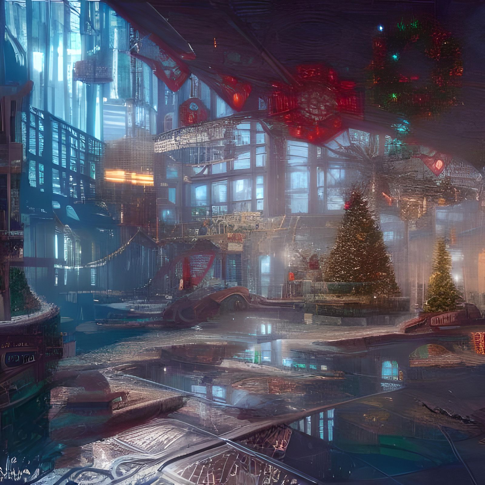 Cyberpunk Christmas Headquarters Interior: Detailed Matte Pa...