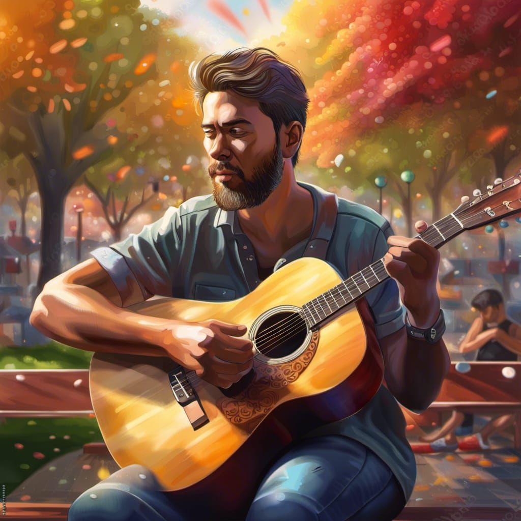 Man Plays Guitar in Park: Hyperrealistic Splash Art
