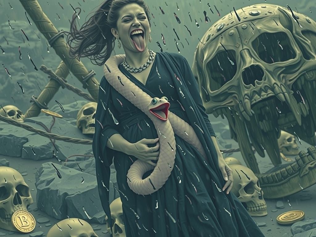 Sinister Woman Holds Pink Eel Amidst Gloom and Skulls