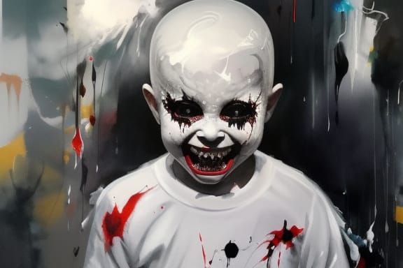 Terrifying Demon Boy Portrait in Black and White