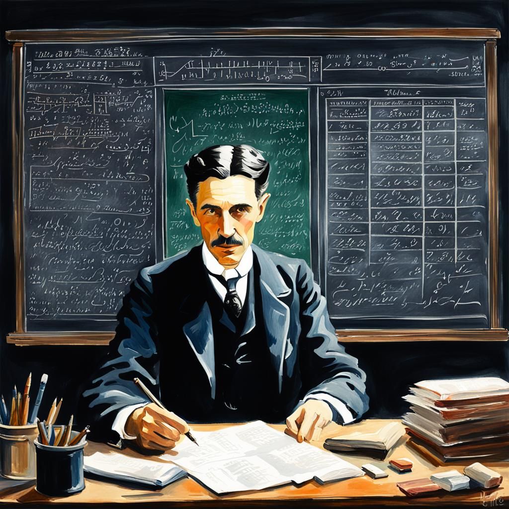 Nikola Tesla sitting at his desk studying, chalkboard with m...