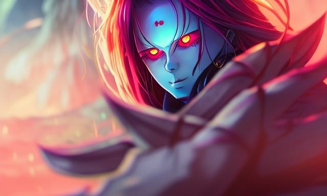 Anime Oni with Glowing Eyes in Colorful Matte Painting