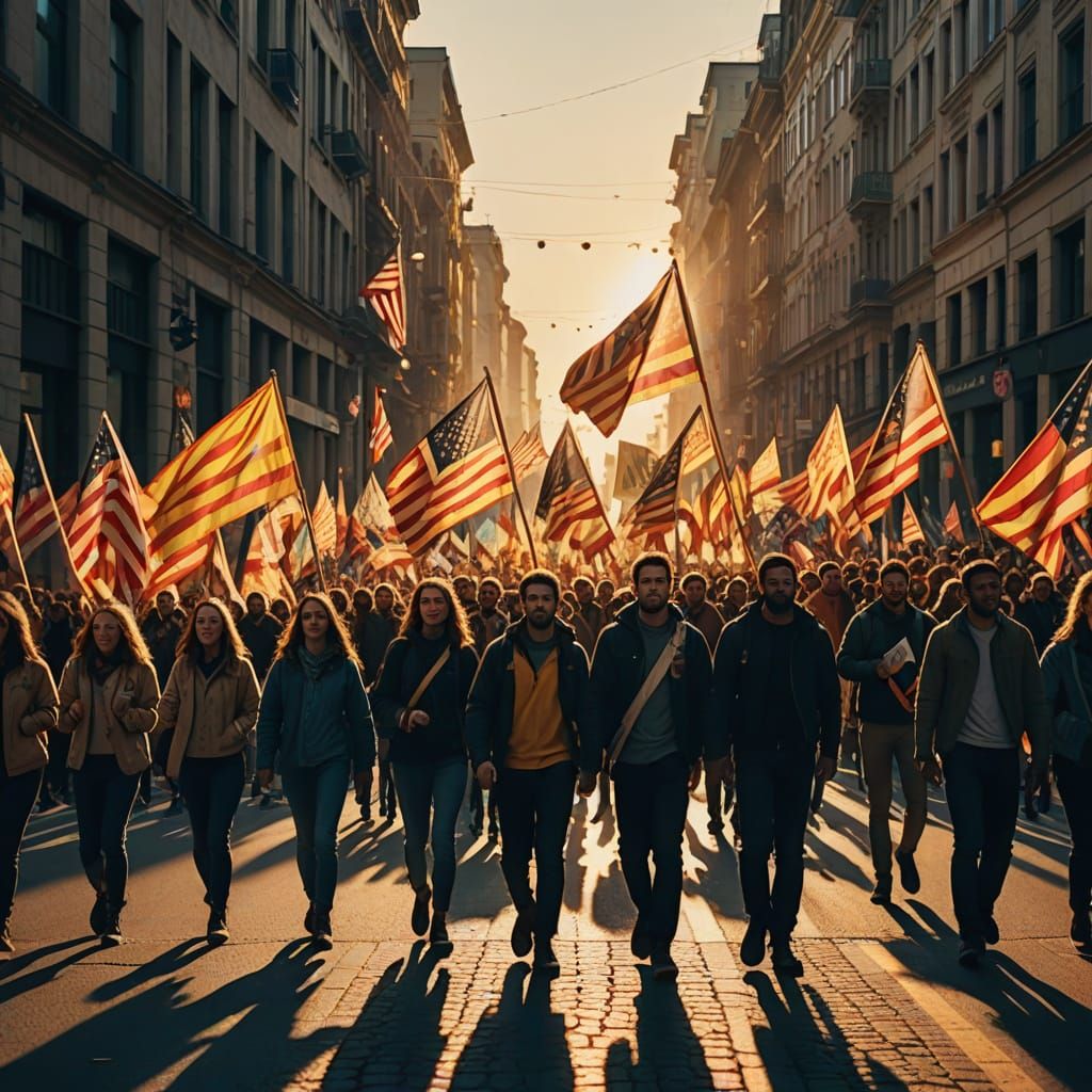 Protest March with Vibrant Posters in Golden Hour Light