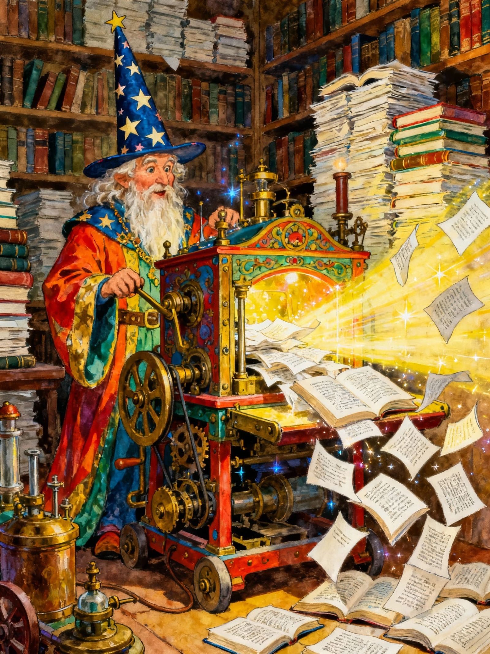 Wizard Operates Whimsical Magic Book Machine Illustration