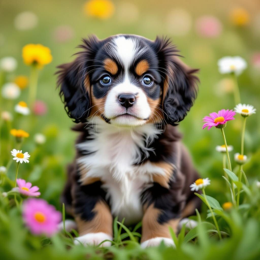 Adorable King Charles Puppy in Wildflowers Photo