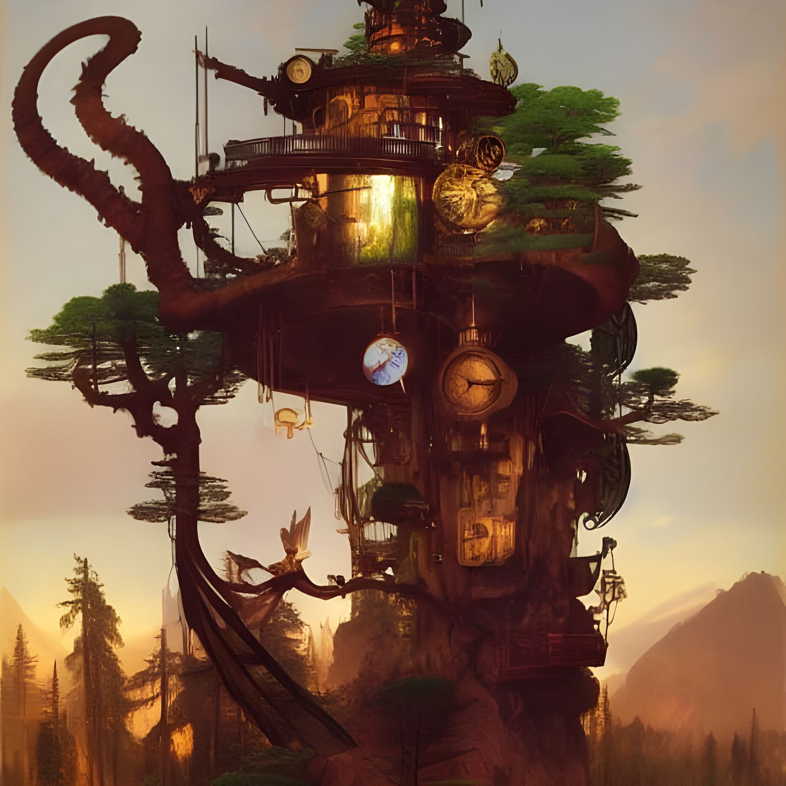 Steampunk Treehouse in Conifer Forest: Detailed Digital Art