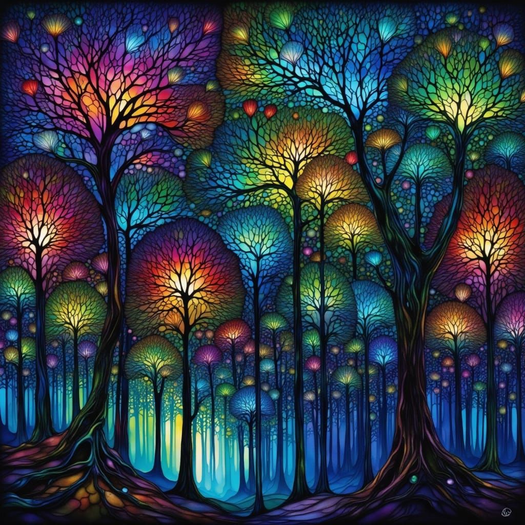 Mysterious Midnight Forest with Velvet Butterfly Trees