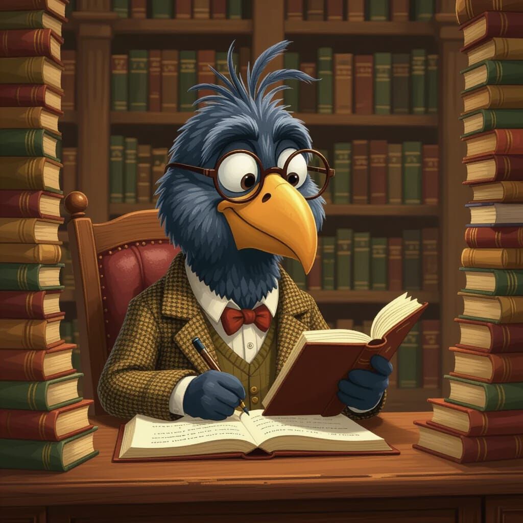Cartoon Dodo Scholar in Cozy Library, Children's Book Style