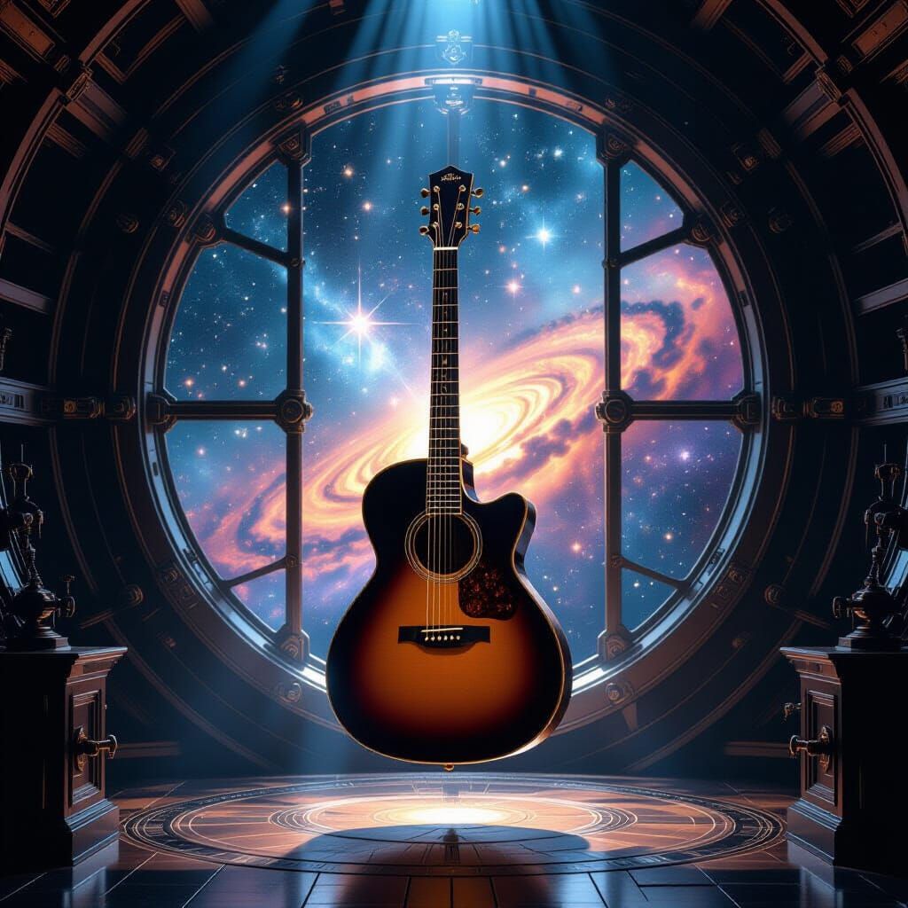 Mystical Antique Guitar in Celestial Observatory
