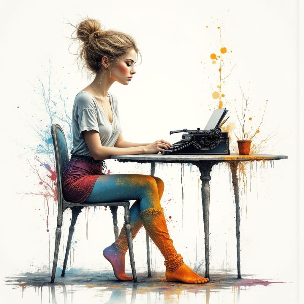 Ethereal Woman with Typewriter, Ink and Watercolor