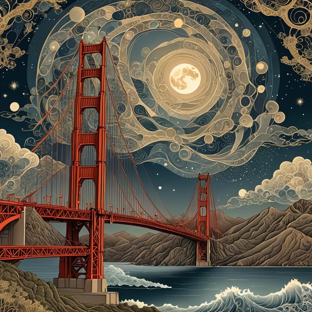 Golden Gate Bridge at Night in Visionary Style