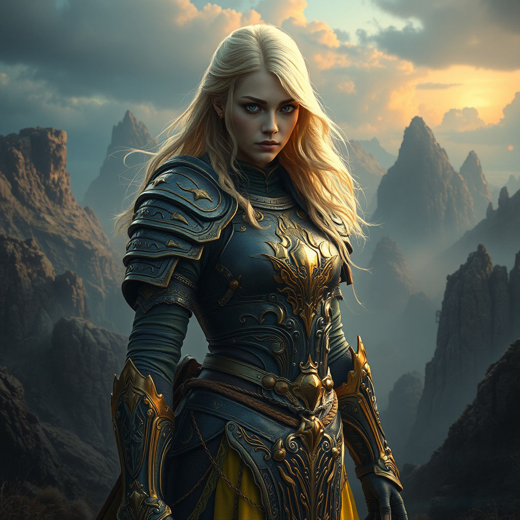 Mystical Blonde Warrior in Surreal Landscape