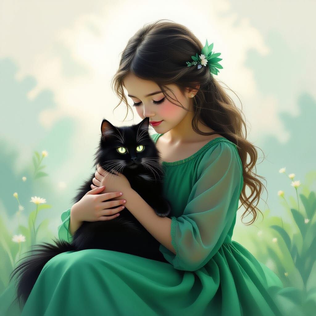 Girl with Magical Cat in Dreamlike Landscape