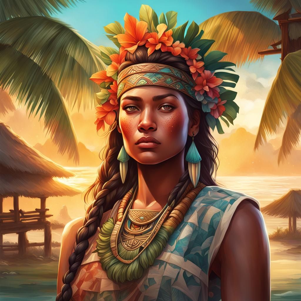 Polynesian Woman Portrait in Tiki Art Style