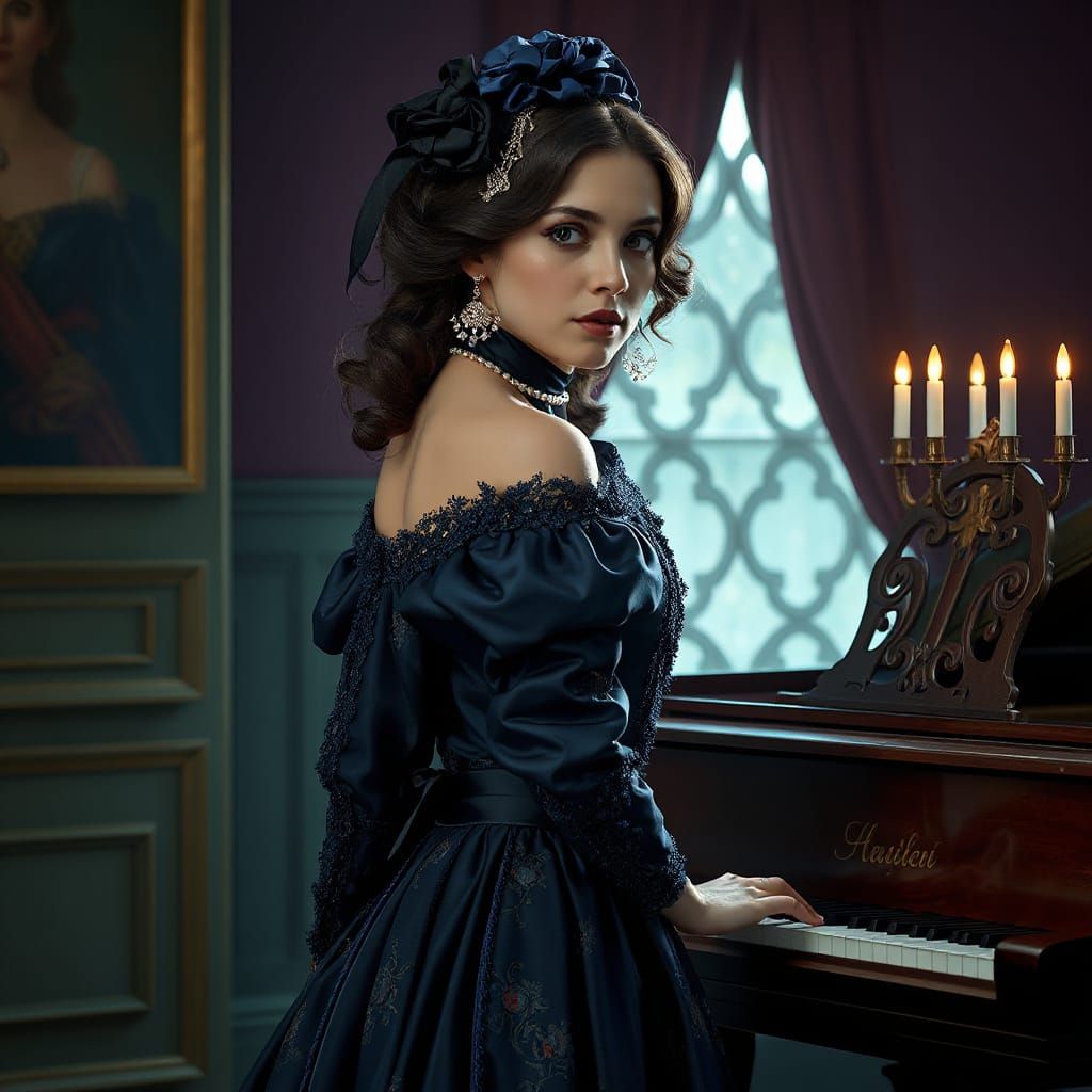 Victorian Woman in Blue Gown by Piano, Hyperrealistic Portra...