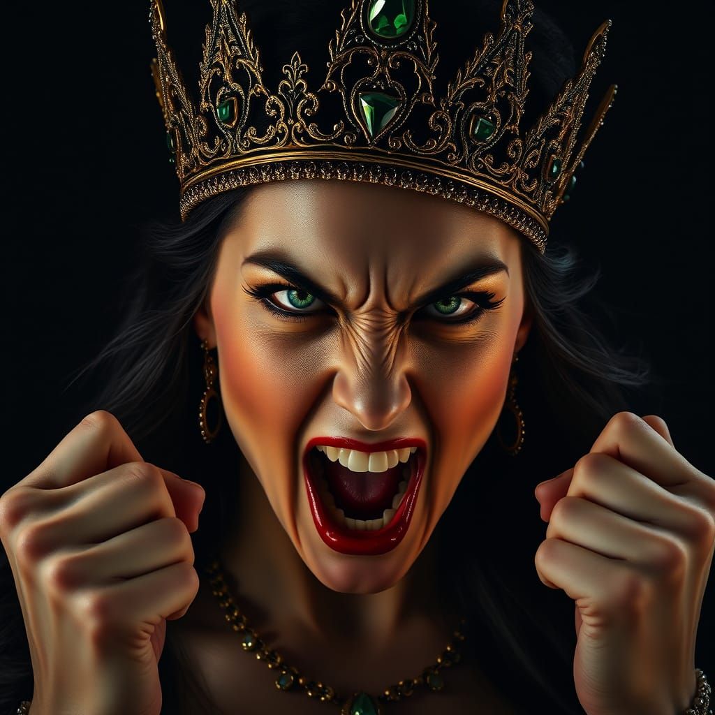 Majestic Queen in Fury, Golden Crown, Dark Background