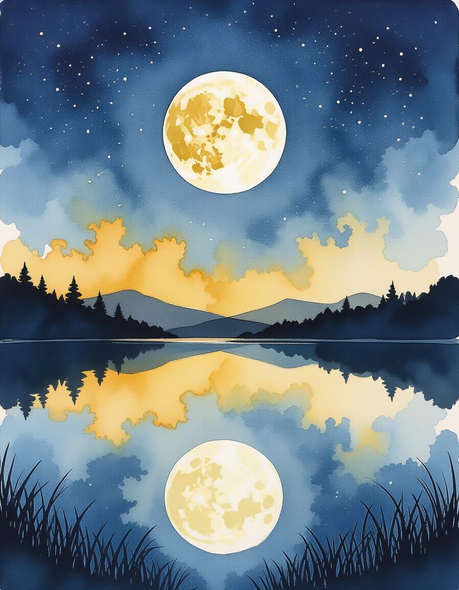 Moonlit Lake Reflection in Watercolor and Ink
