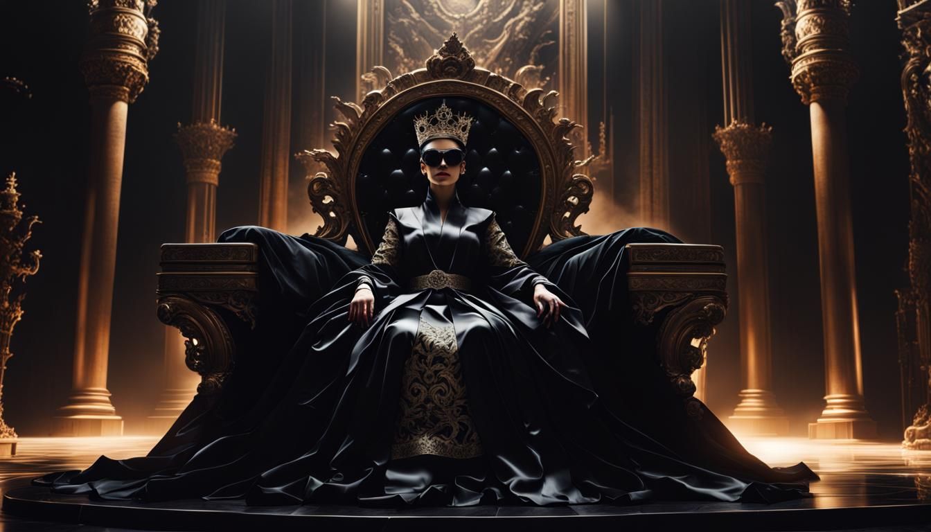 Blindfolded Queen in Black Silk Robes on Throne