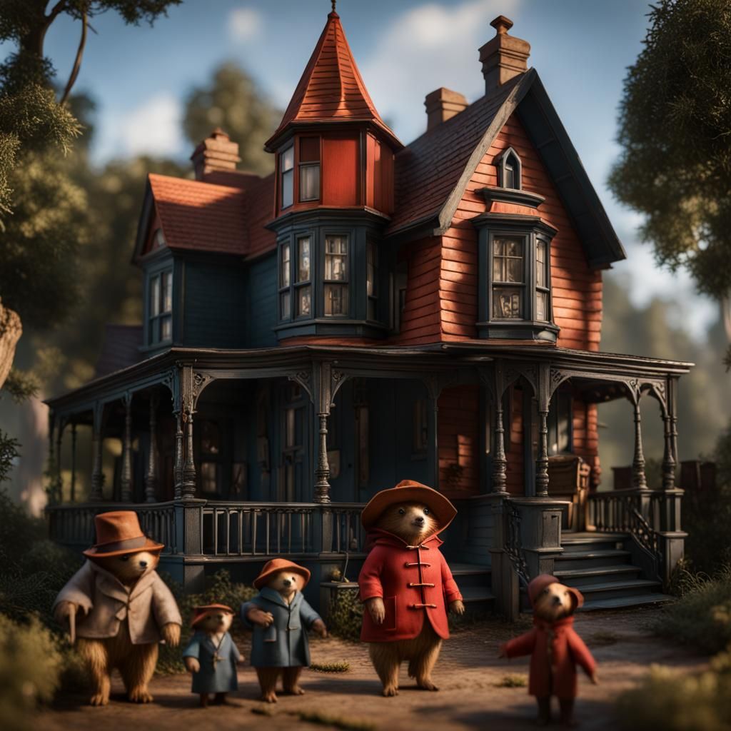 Paddington Bear Family in Southern Gothic Dollhouse