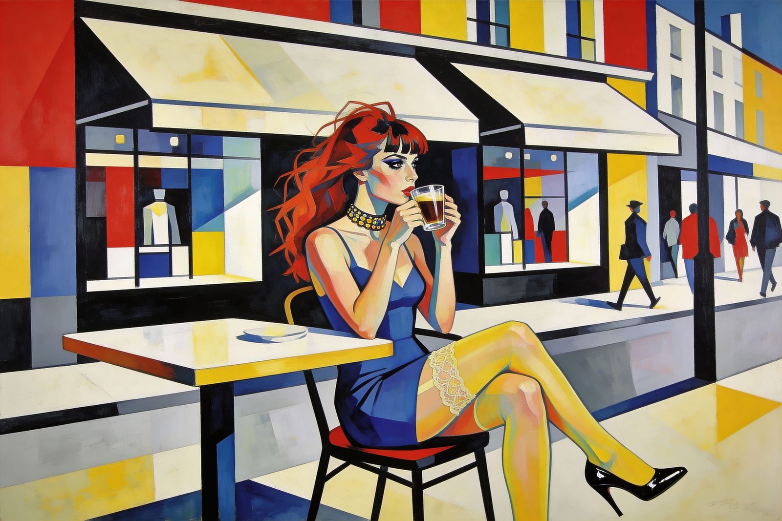 Glamorous Woman in Bauhaus Style Oil Painting