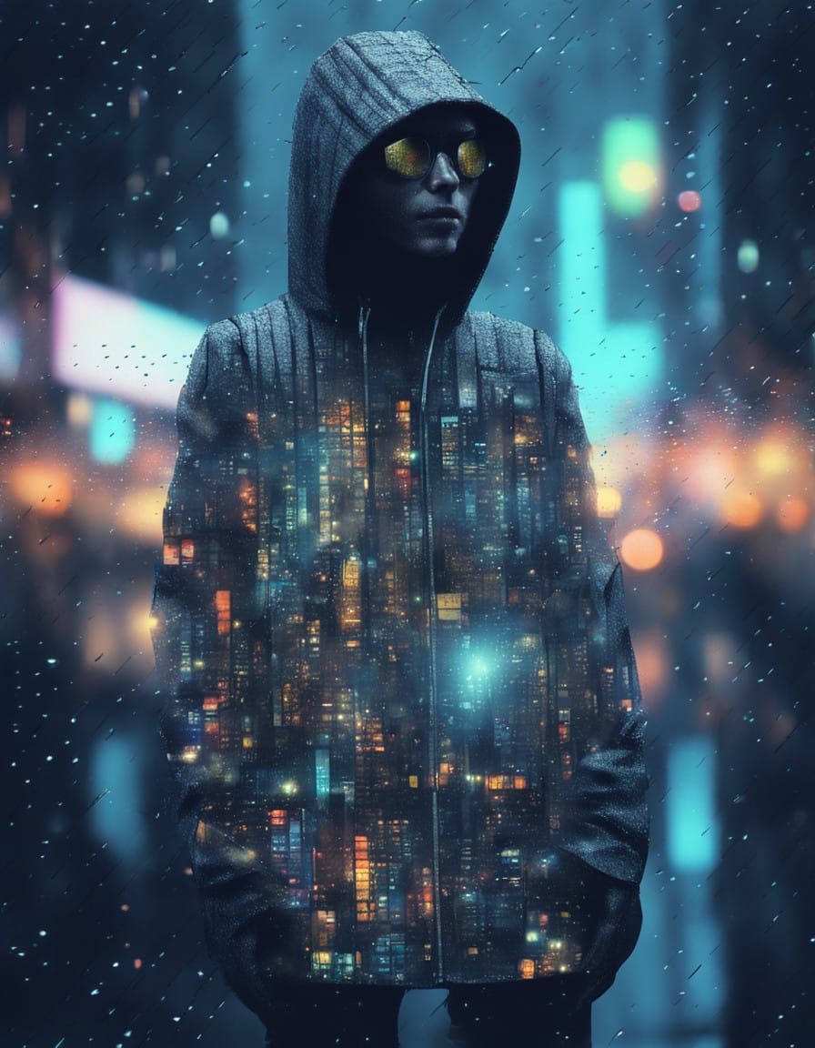 Flying Cyborg Owl in a Neon Cityscape