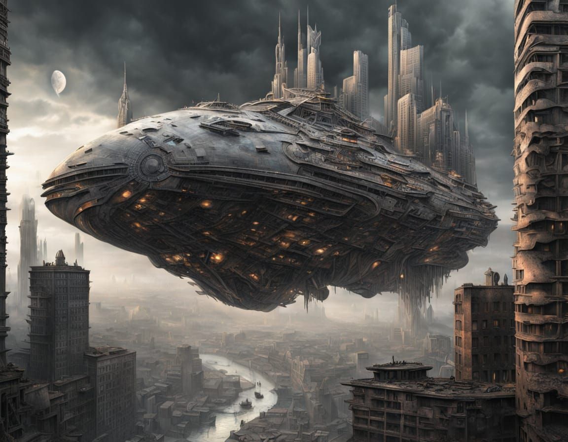 Dystopian Cityscape with Gigantic Starship: Photorealistic A...