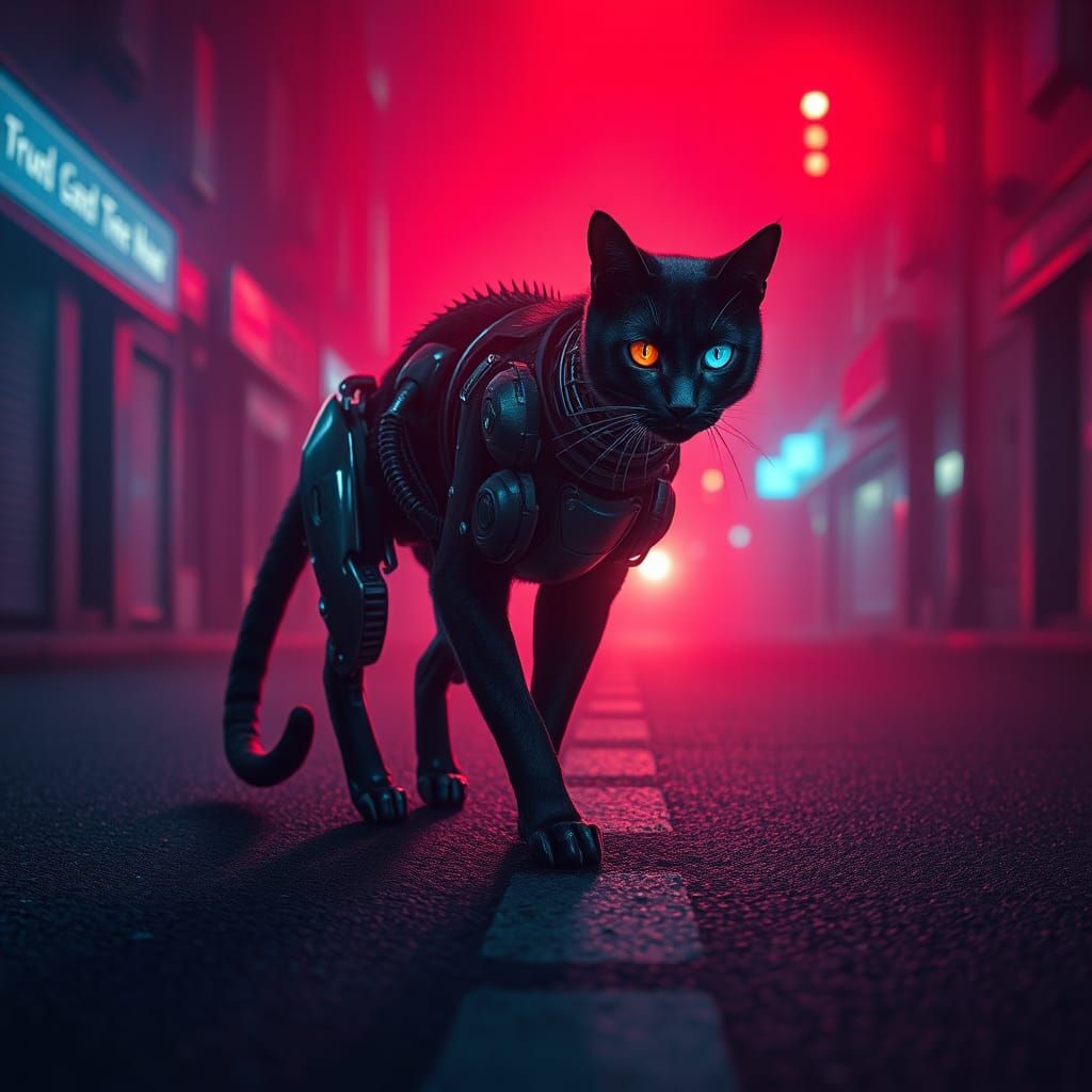 Ominous Cyborg Cat in Dystopian Cityscape